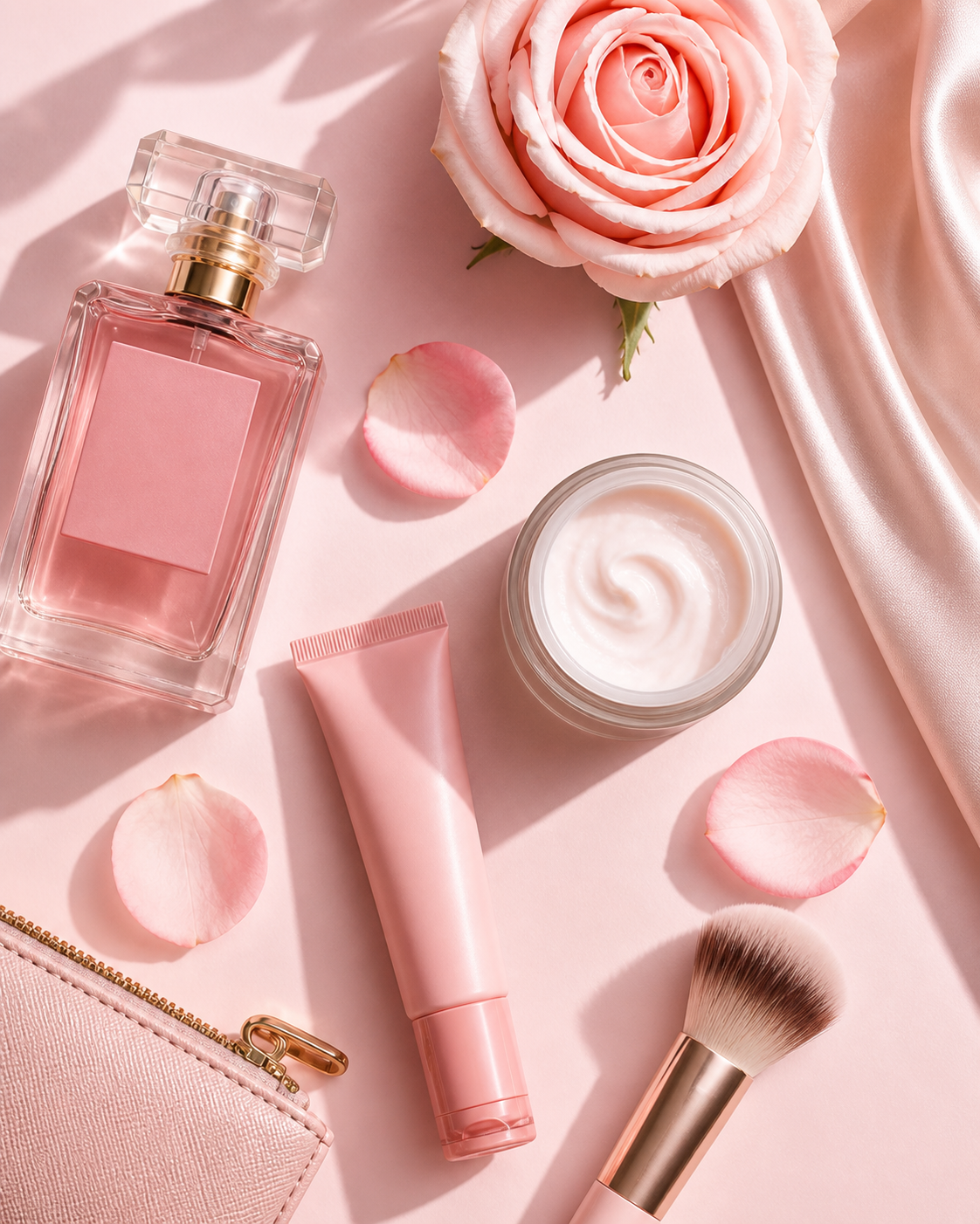 Blush beauty essentials with rose petals
