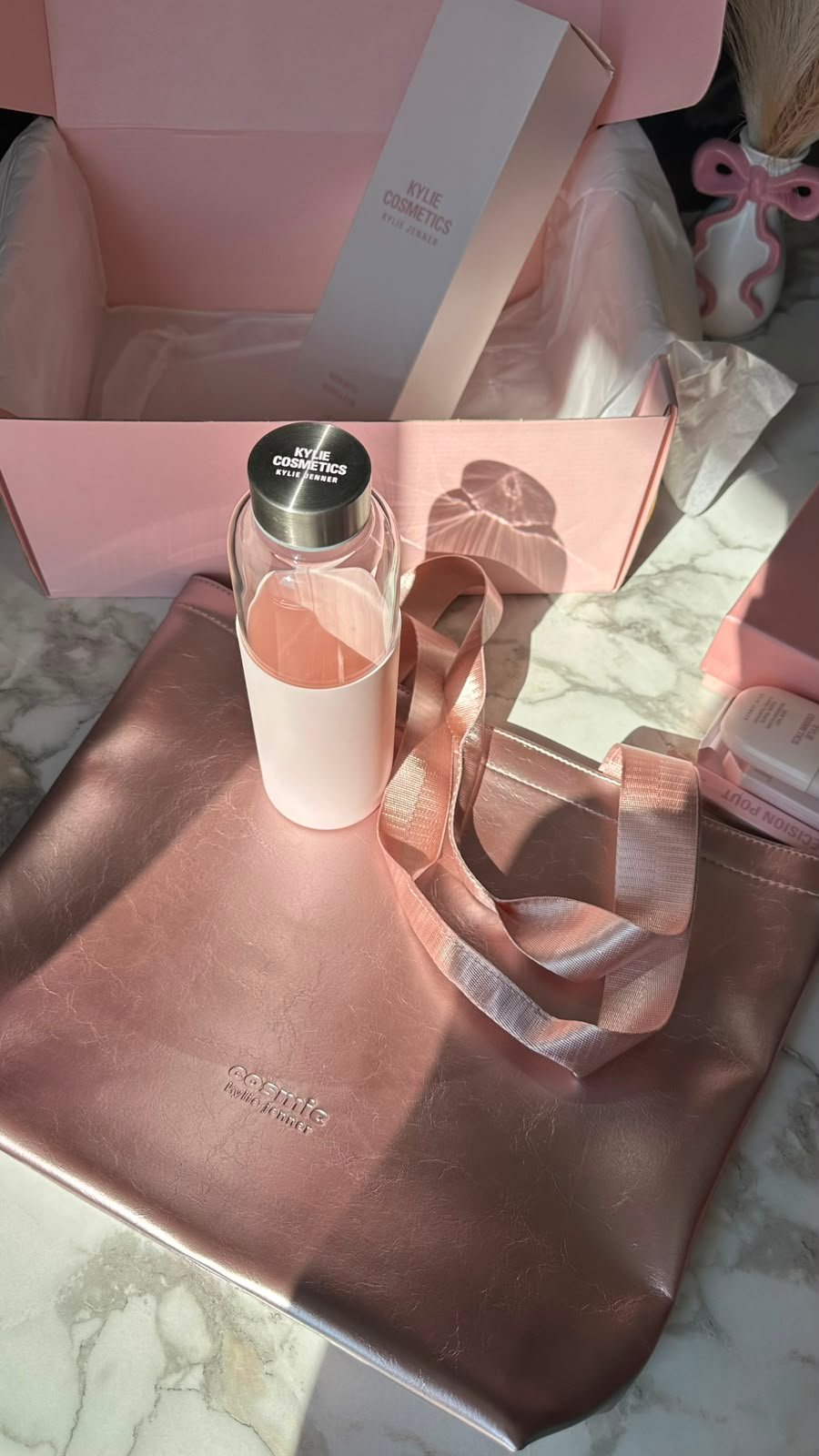 Kylie Cosmetics Metallic Pink Tote & Glass Water Bottle
